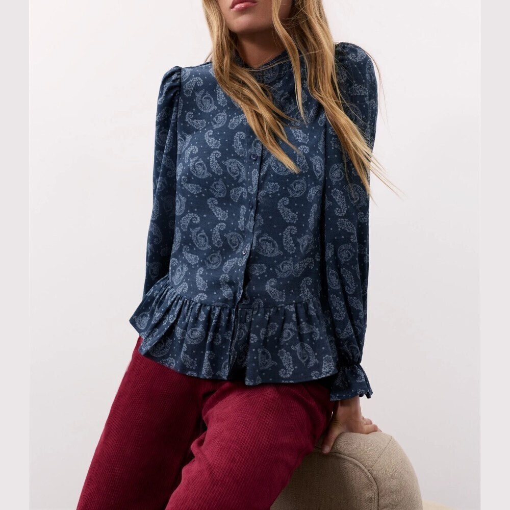 Muted Navy Blue Paisley Print Ruffle Hem Peplum Blouse with Stand Collar